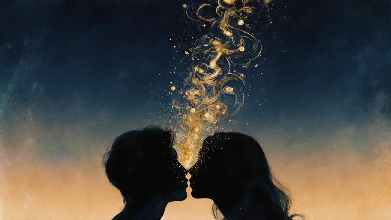 Абстрактное изображение двух силуэтов, сливающихся в поцелуе, превращающемся в золотые частицы — символ эмоциональной связи без слов.
