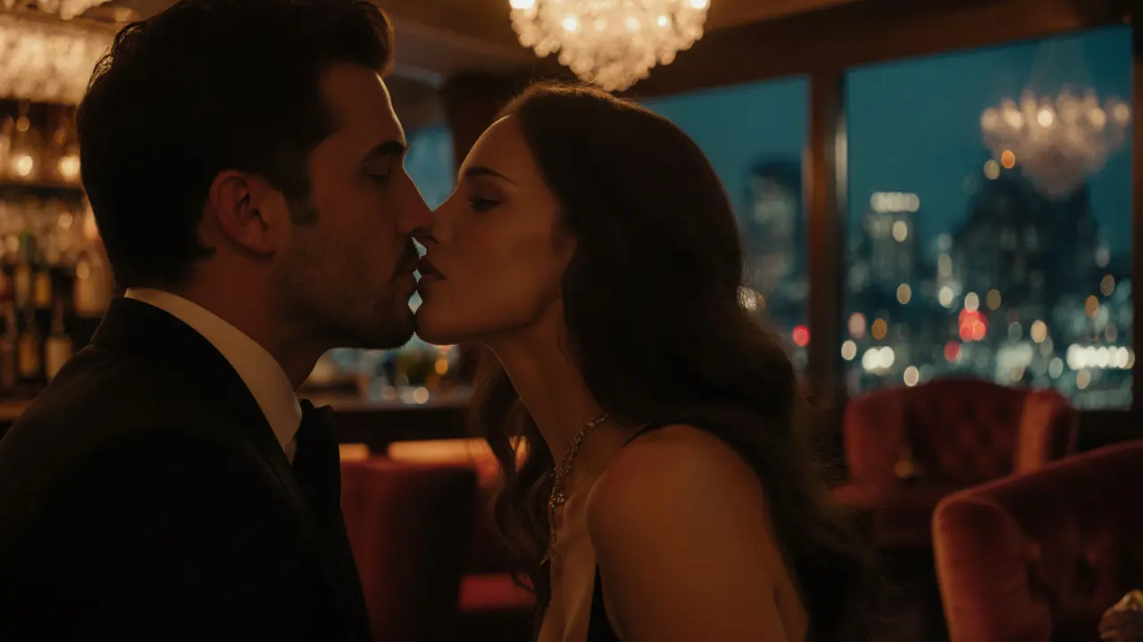 Близкий план глубокого французского поцелуя в уютном лаунже.