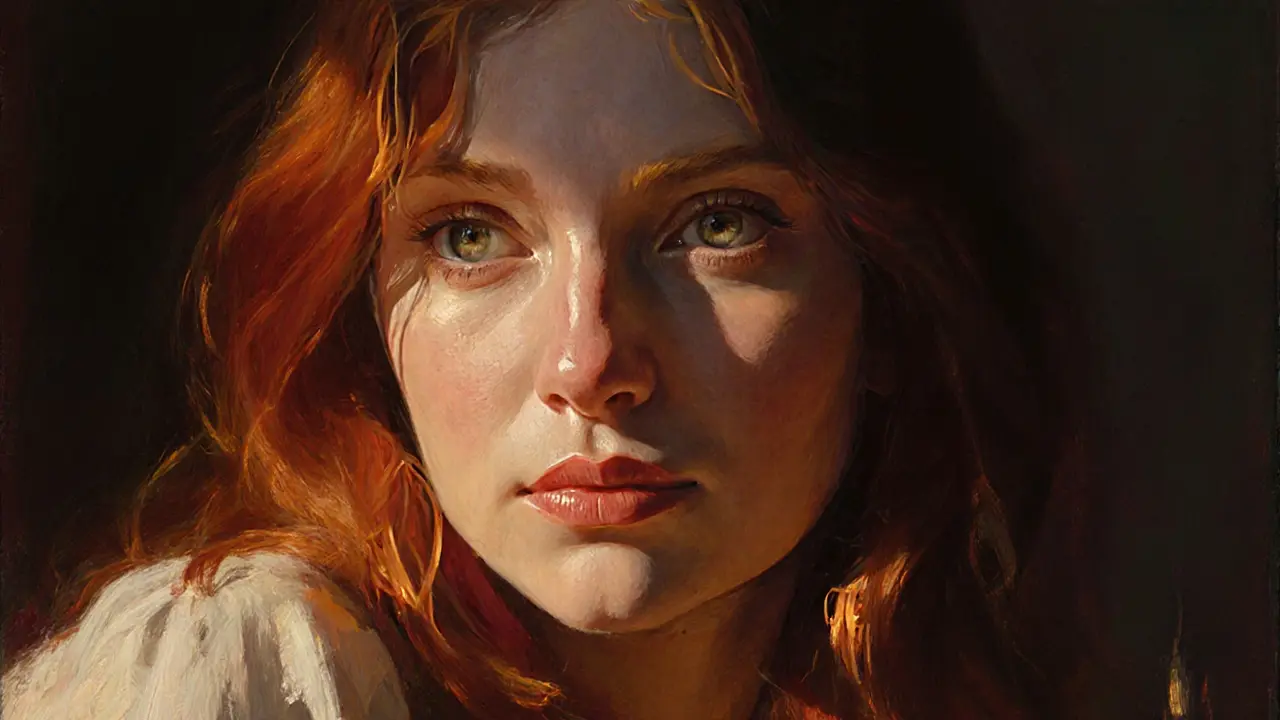 Близкий портрет рыжеволосой женщины в мягком свете свечи, выражение лица спокойное и искреннее.