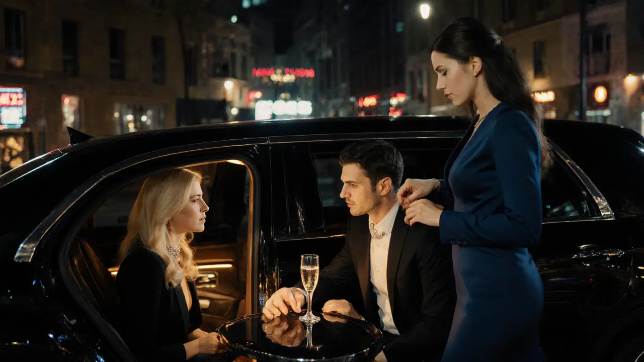 Блондинка‑эскорт в лимузине с шампанским, рядом стилист, фон ночного города.