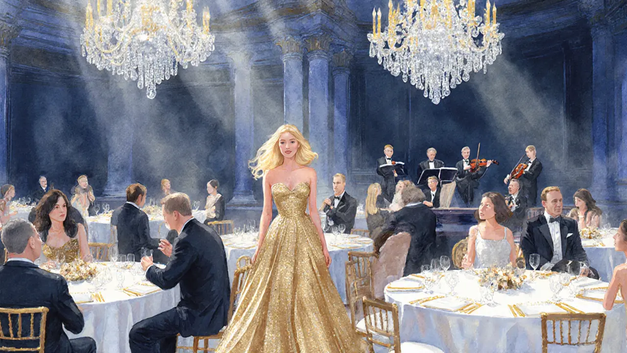 Блондинка‑эскорт в золотом платье, проходящая по галерее на гала‑вечеринке.