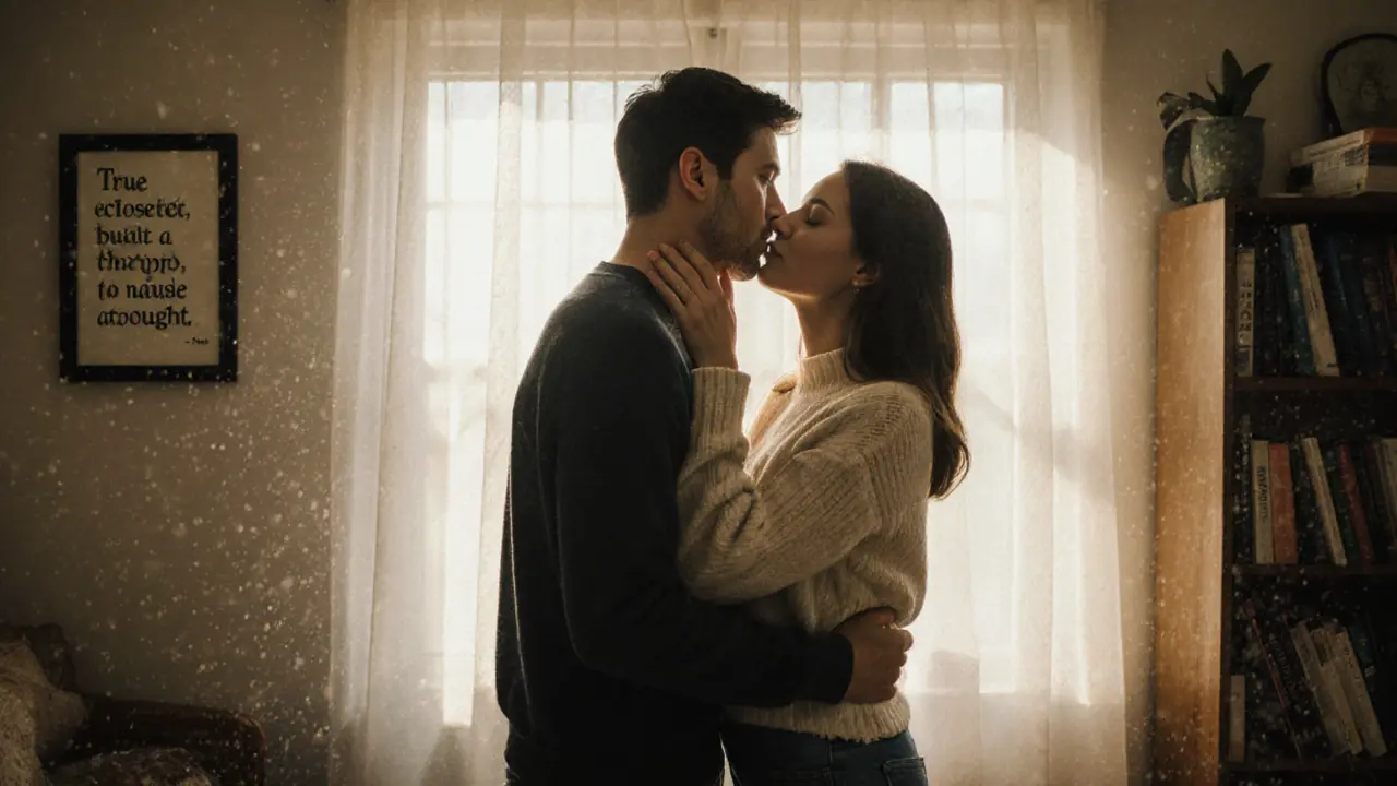 Два человека в уютной комнате с книгами, один целует другого в шею, свет утра через занавески.