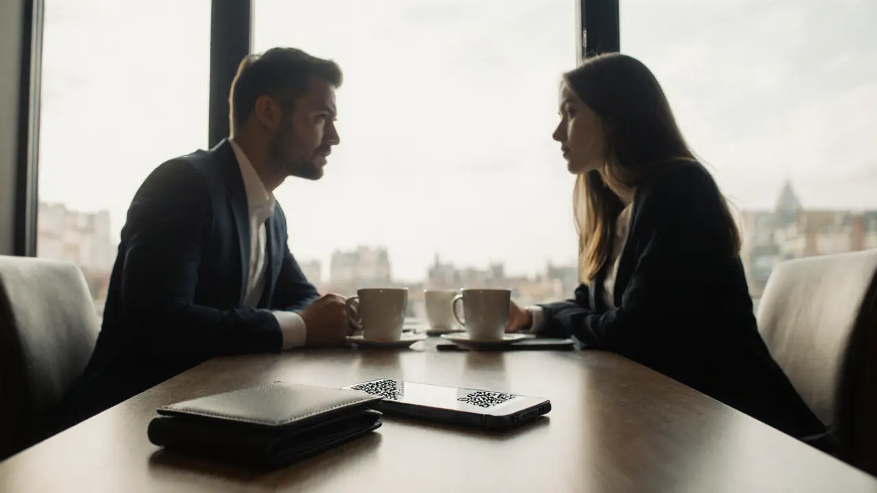 Два человека встречаются в кафе, оба выглядят уверенно, сцена подчёркивает безопасность и конфиденциальность.