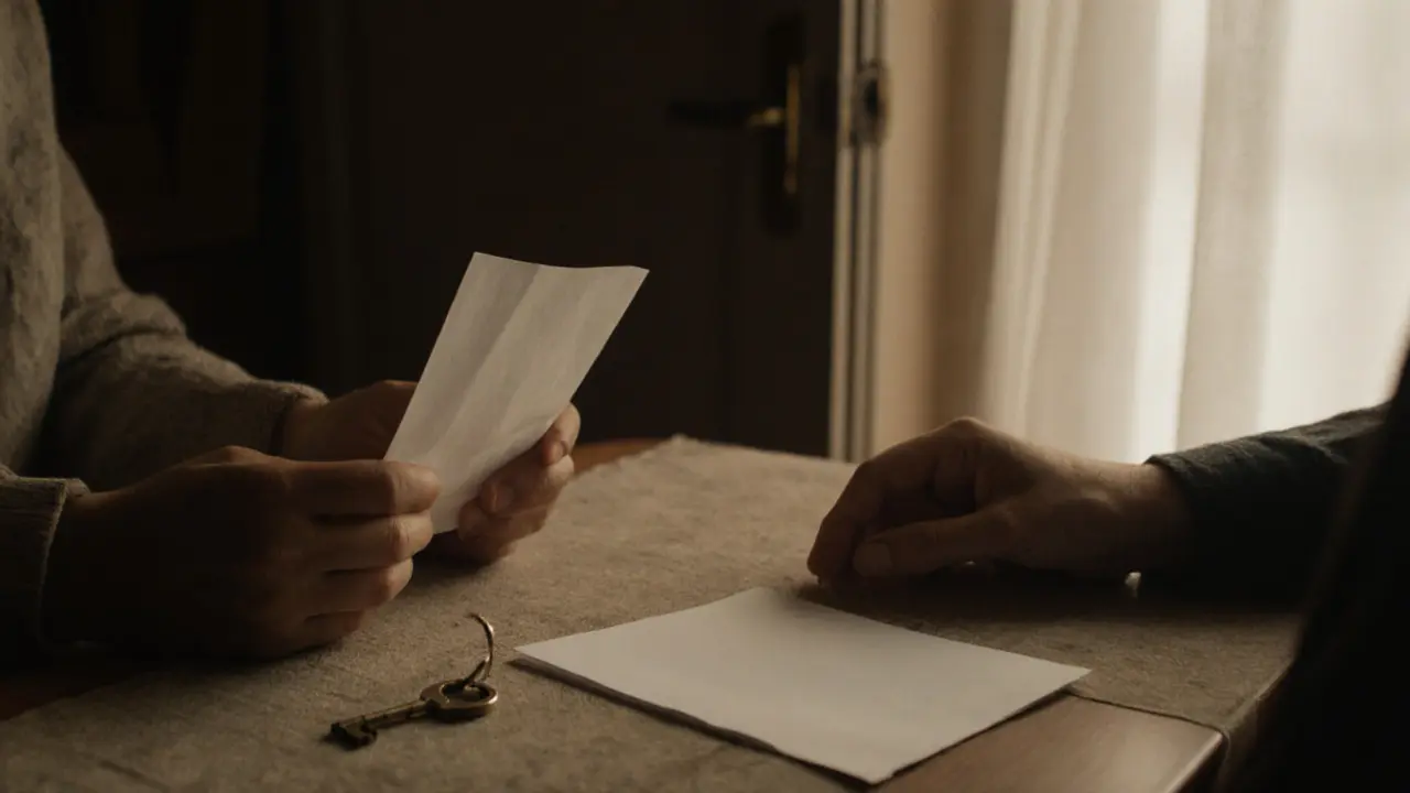 Две руки на столе: одна кладет записку, другая оставляет ключ — мирное завершение встречи.