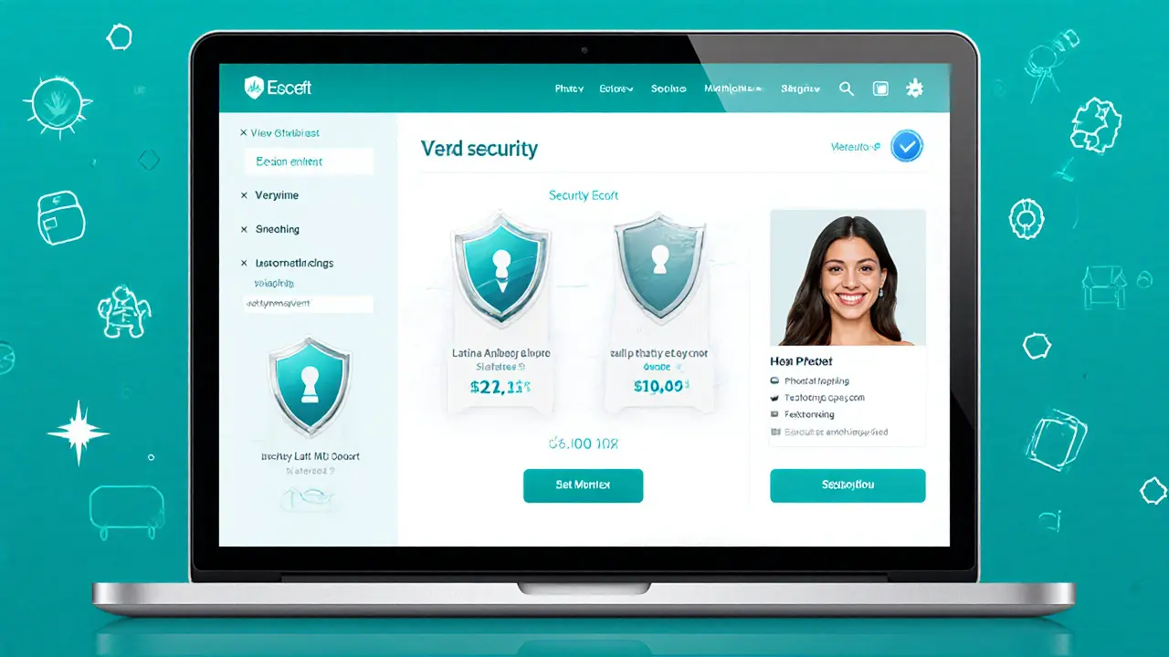Экран ноутбука с платформой бронирования, символами безопасности и профилем латино девушки.