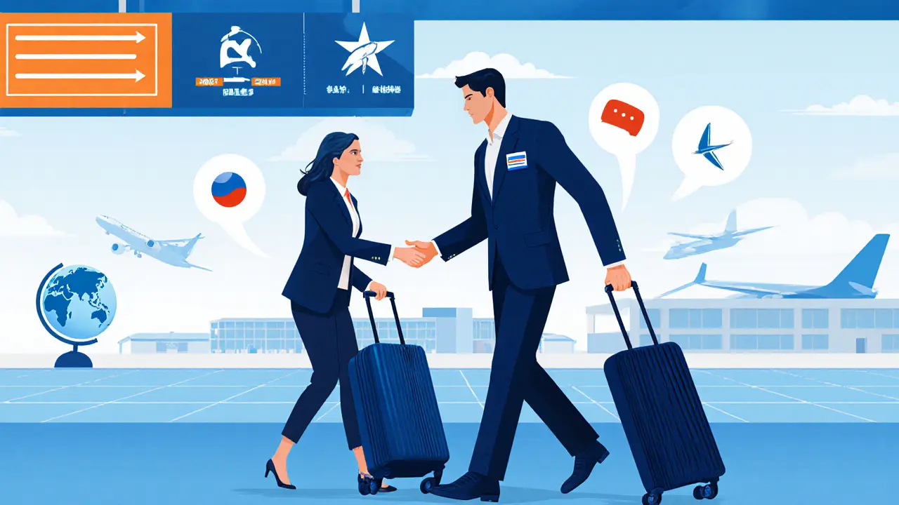 Эскорт‑спутник встречает путешественника в аэропорту, помогает с багажом и переводит.