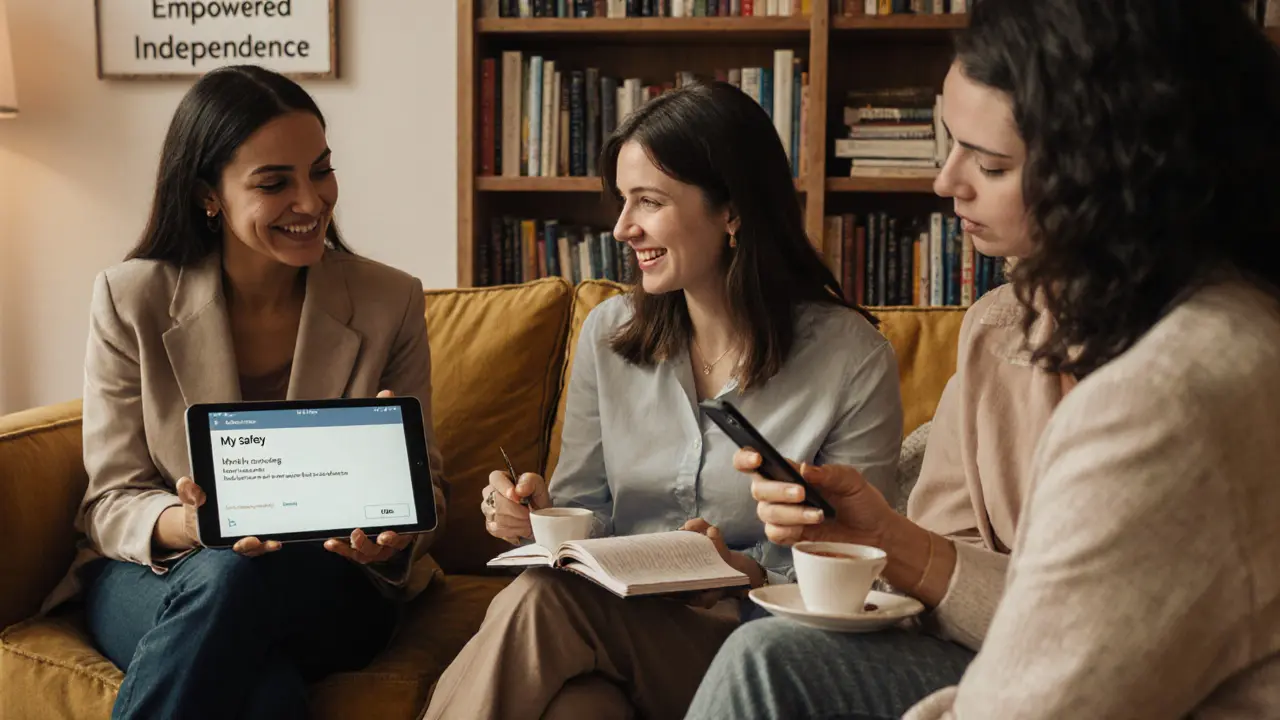 Группа женщин в уютной обстановке обменивается опытом о независимой карьере и безопасности.