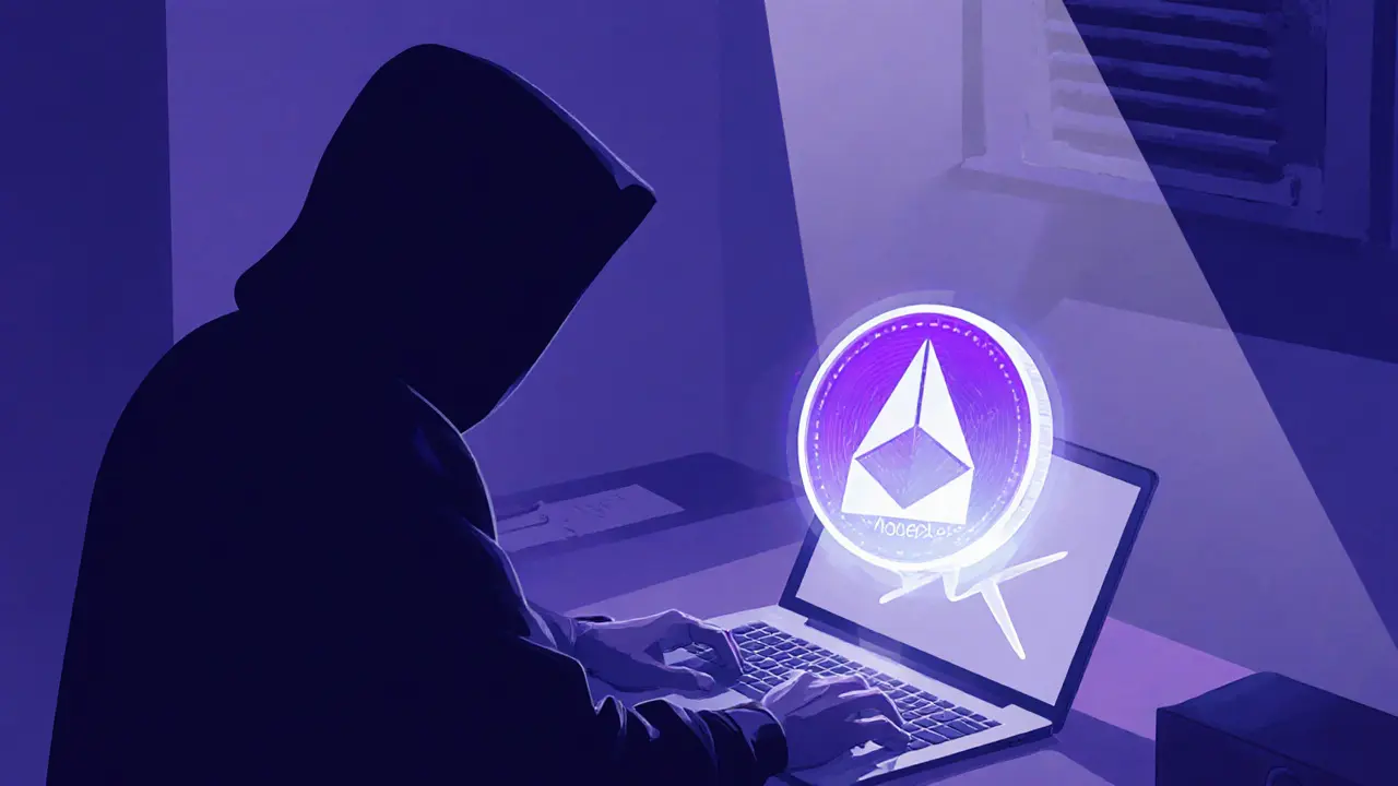 Художник в капюшоне за ноутбуком, рядом парит светящийся монеро‑монет, передаёт анонимную оплату.