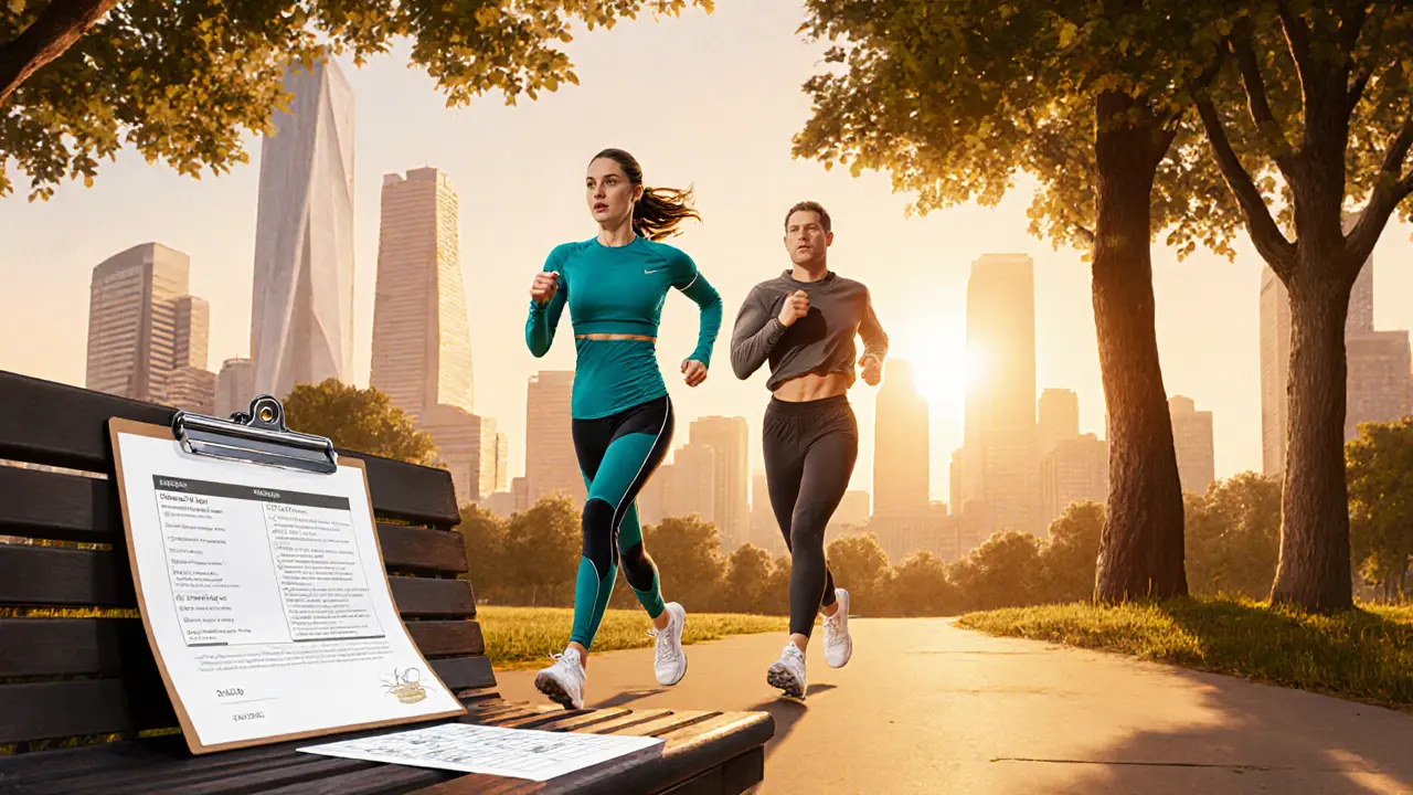 Клиент и атлетический эскорт совместно тренируются, бегут в парке, рядом прототип сертификата и план питания.