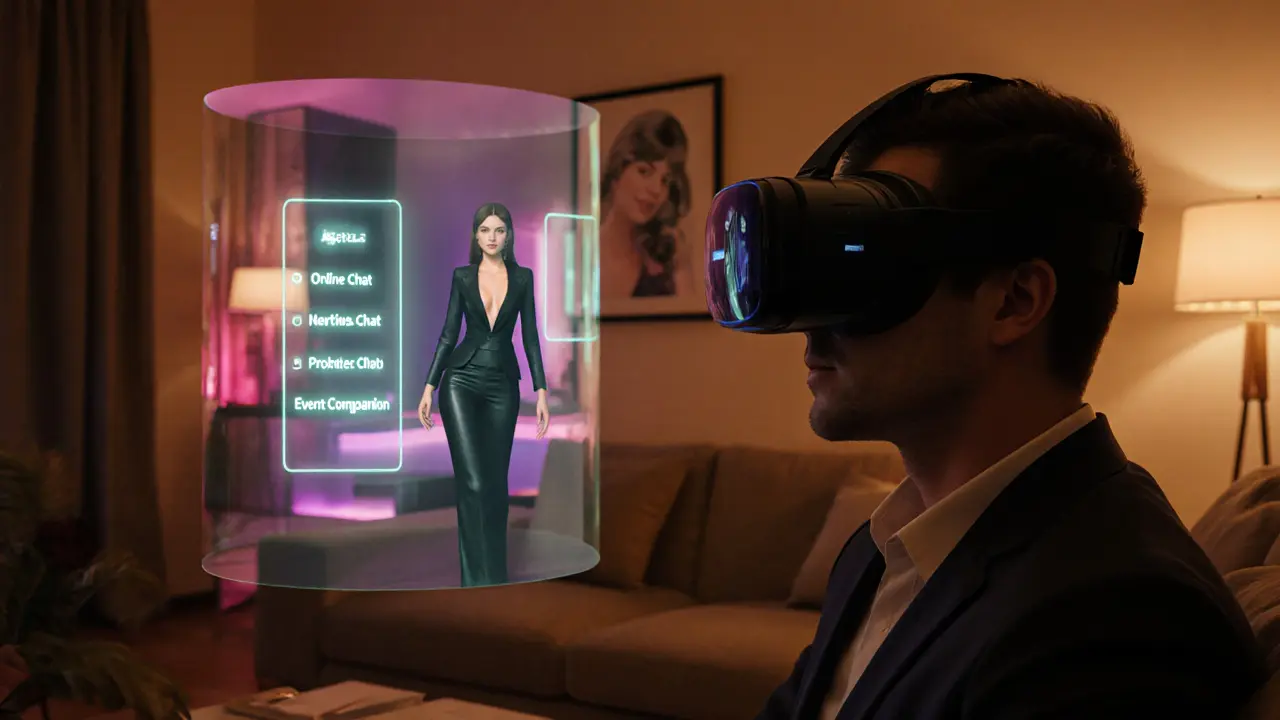 Клиент в VR‑гарнитуре видит виртуальную комнату с аватаром эскорта и меню услуг.