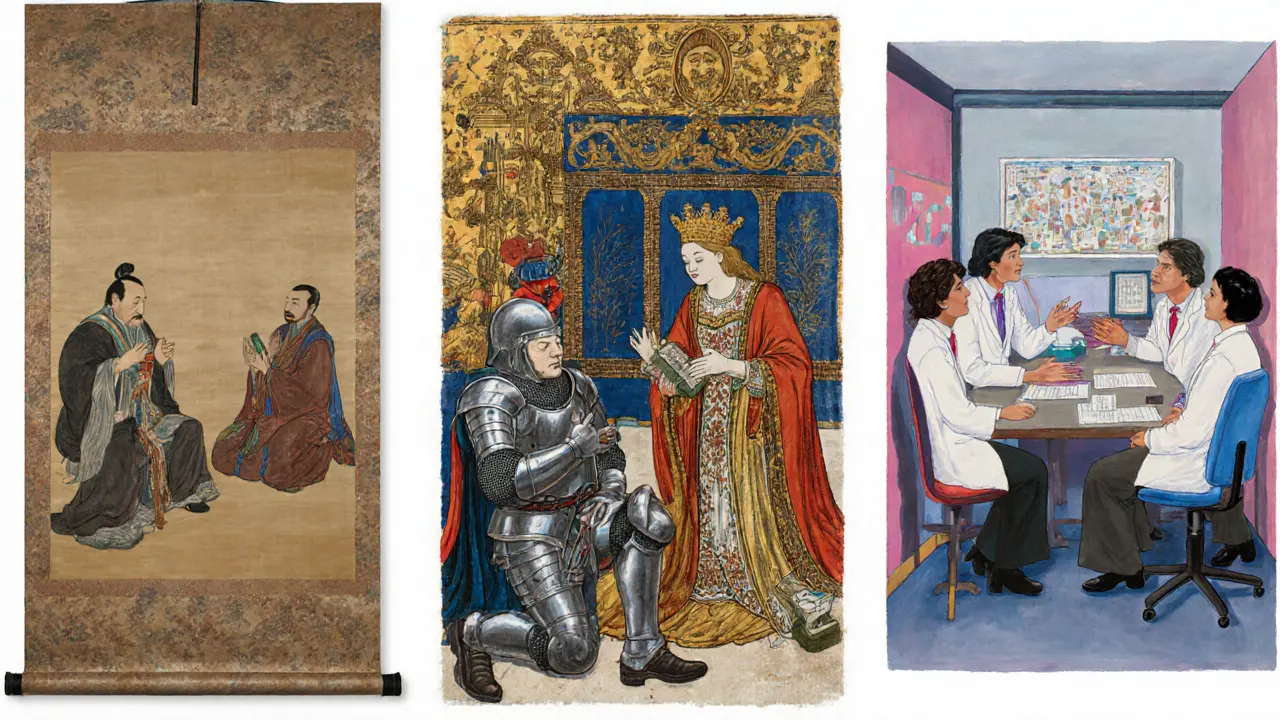 Коллаж, показывающий древнекитайский ритуал, средневековый рыцарский сюжет и современный психологический кабинет.