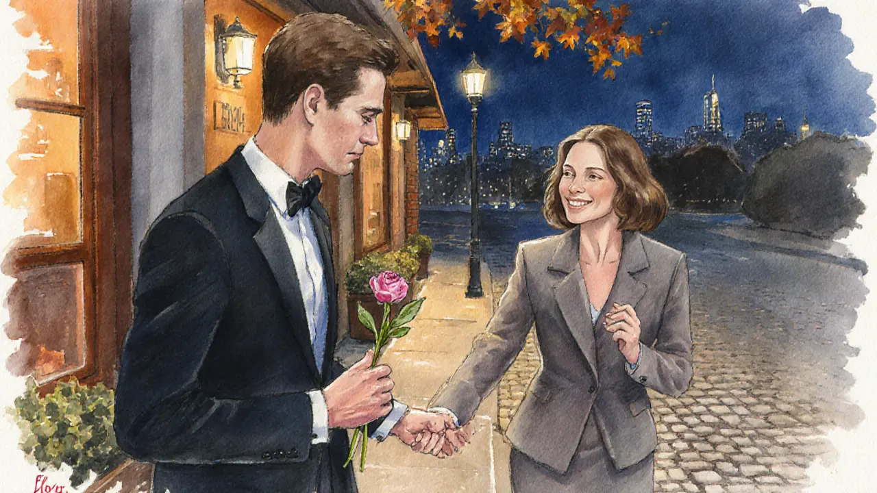 Мужчина прощается с эскортом у выхода, держит цветок под уличным светом.