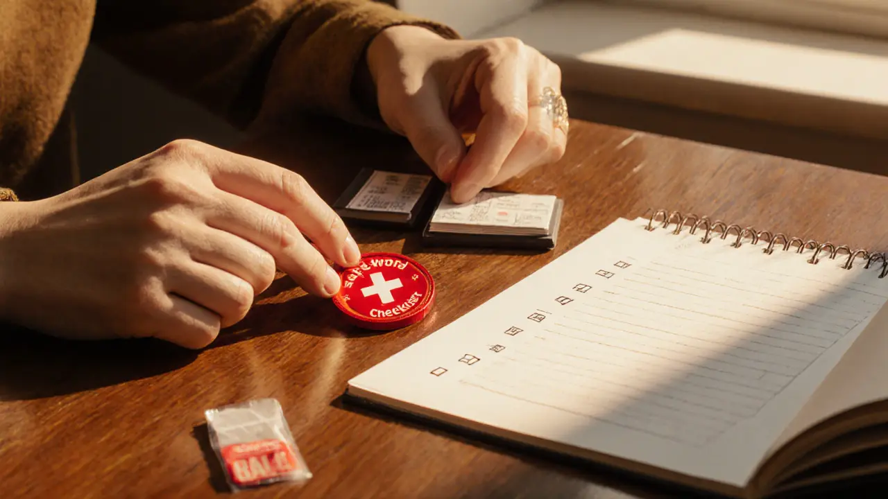 На столе красный предмет как символ безопасного слова и документы без текста.