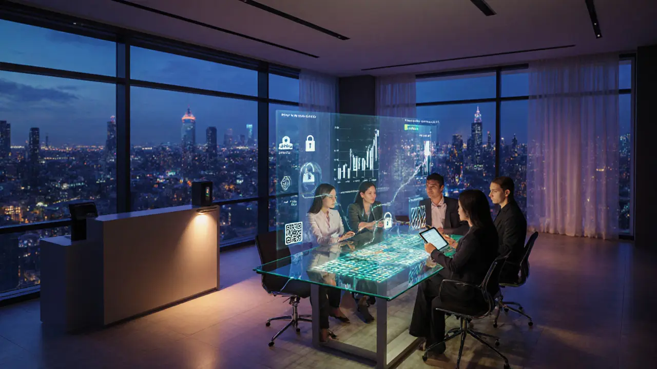 Офисный зал в сумерках, команда обсуждает аналитические голограммы суб‑эскорта.