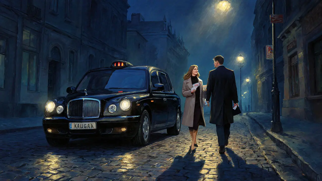 Пара прощается у такси на ночной улице Калуги.