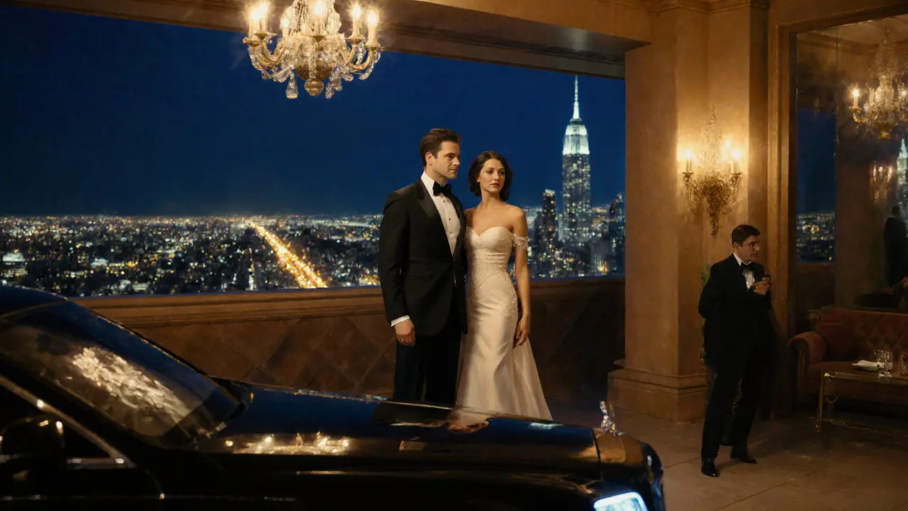 Пара в элегантных нарядах наслаждается эксклюзивным мероприятием, рядом стоит личный водитель.