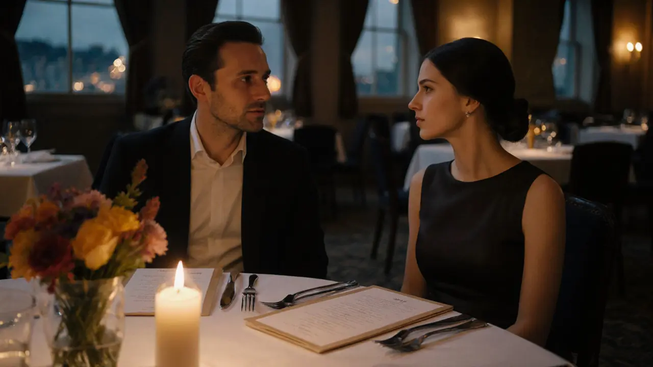 Пара в ресторане с свечой, букетом и аккуратно расставленными приборами.