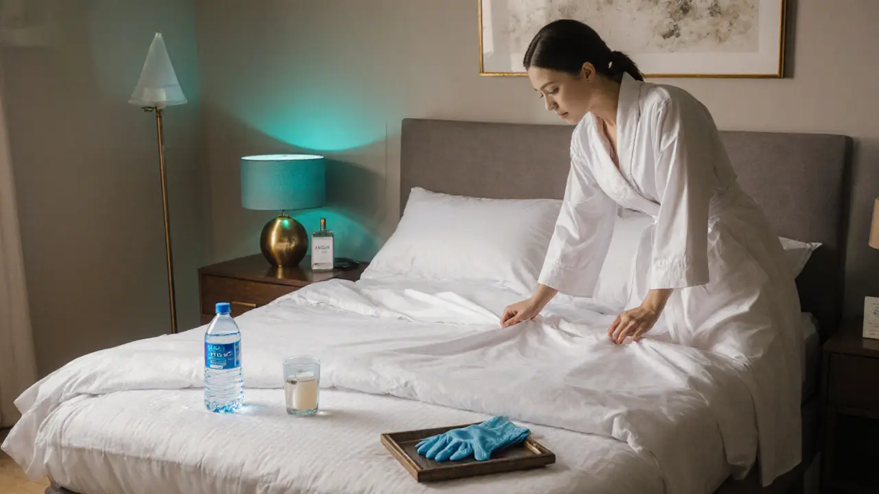 Подготовленная спальня с защитным покрытием, водой, свечой и медицинскими перчатками.