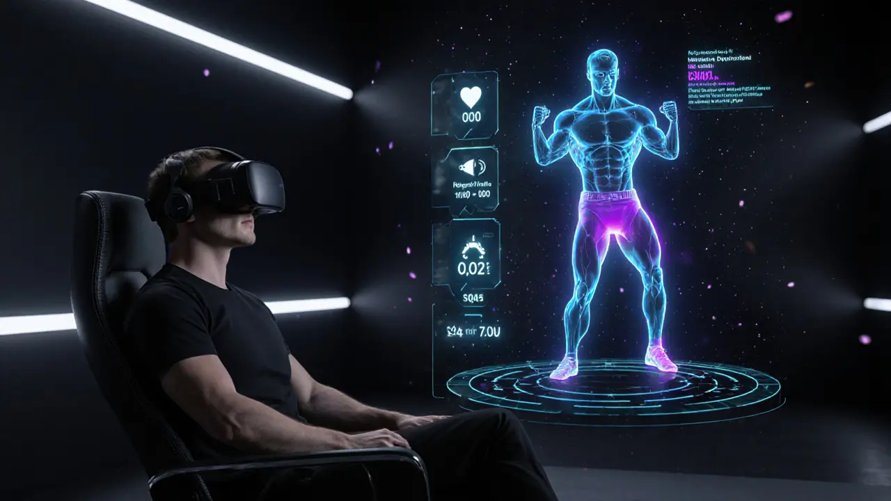 Пользователь в VR‑гарнитуре тренируется с цифровым аватаром атлетического эскорта в футуристическом пространстве.