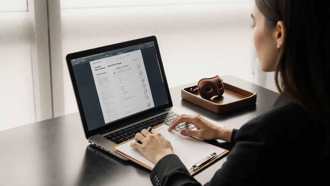 Профессиональная женщина в офисе проверяет документы, рядом лежат кожаный кляп и маска.