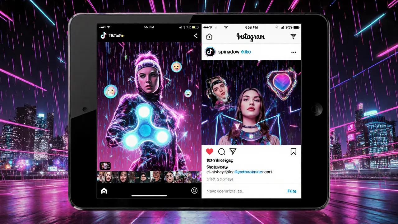 Разделённый экран TikTok и Instagram, инфлюенсер крутит светящийся аксессуар.