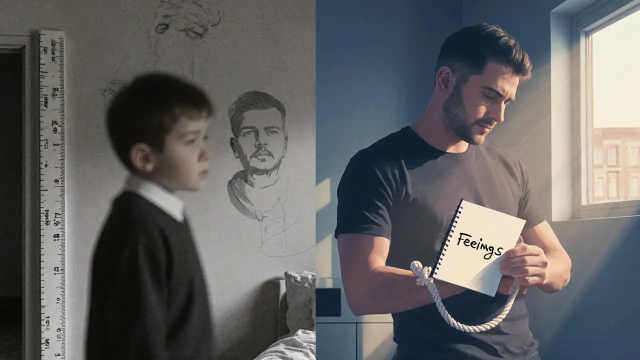 Разделённый образ: ребёнок в строгой комнате слева, взрослый мужчина с блокнотом и полупрозрачным ремнём справа.