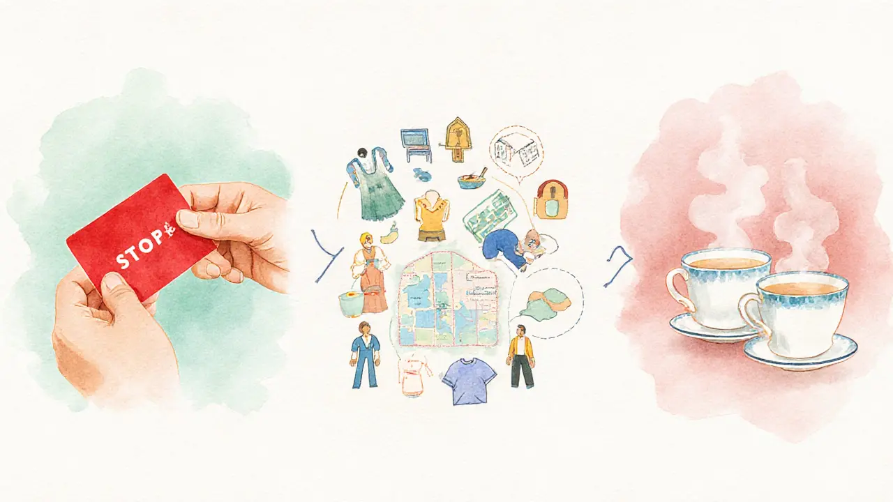 Рисунок: руки передают карточку‑стоп‑слово, рядом схемы границ и после‑сессия с чашками чая.