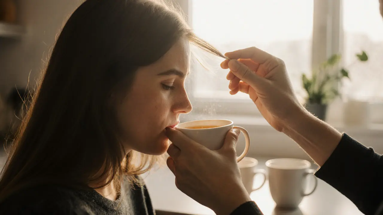 Руки держат чашку чая и гладят волосы — утро, кухня, тишина и забота.