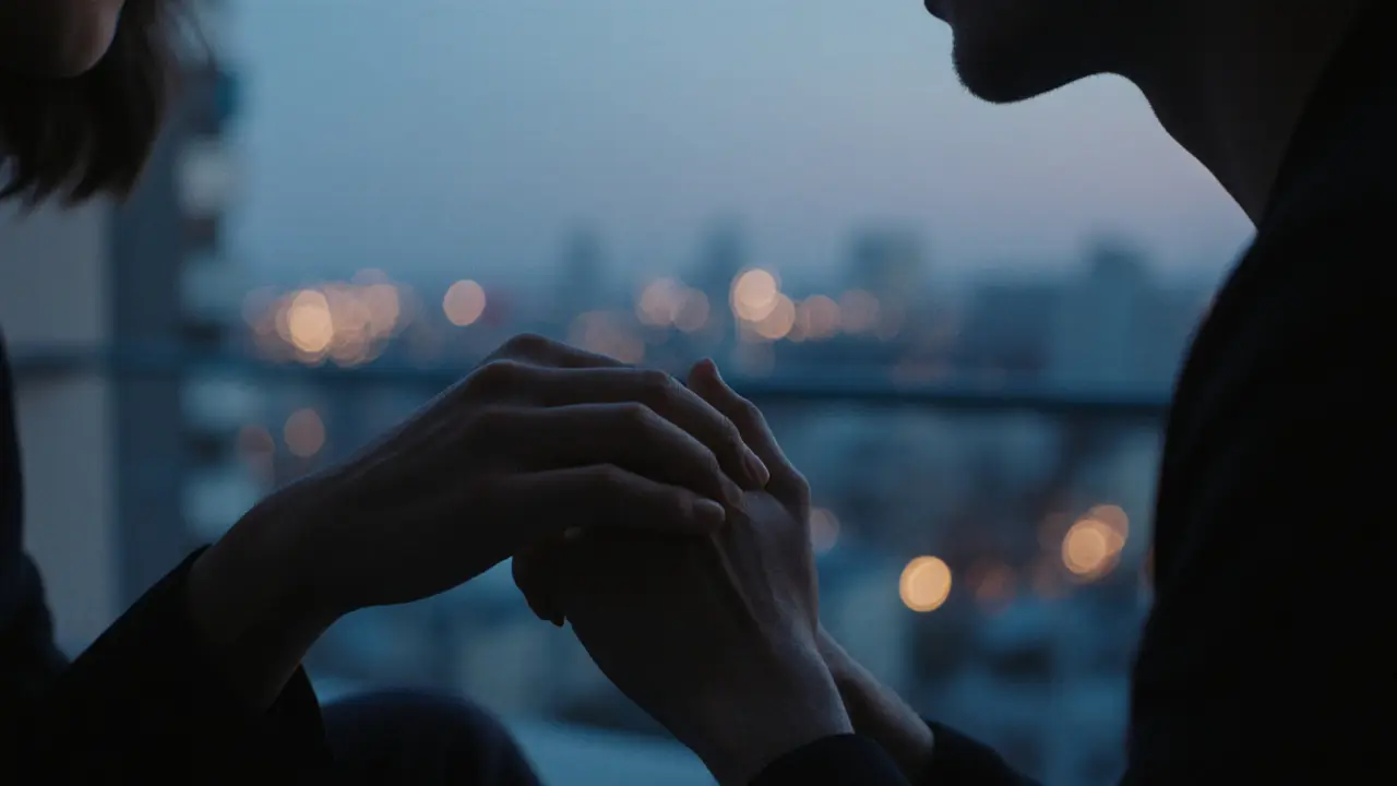 Руки двух людей нежно сцеплены на фоне городского заката, момент перед поцелуем, полный тишины и эмоциональной близости.