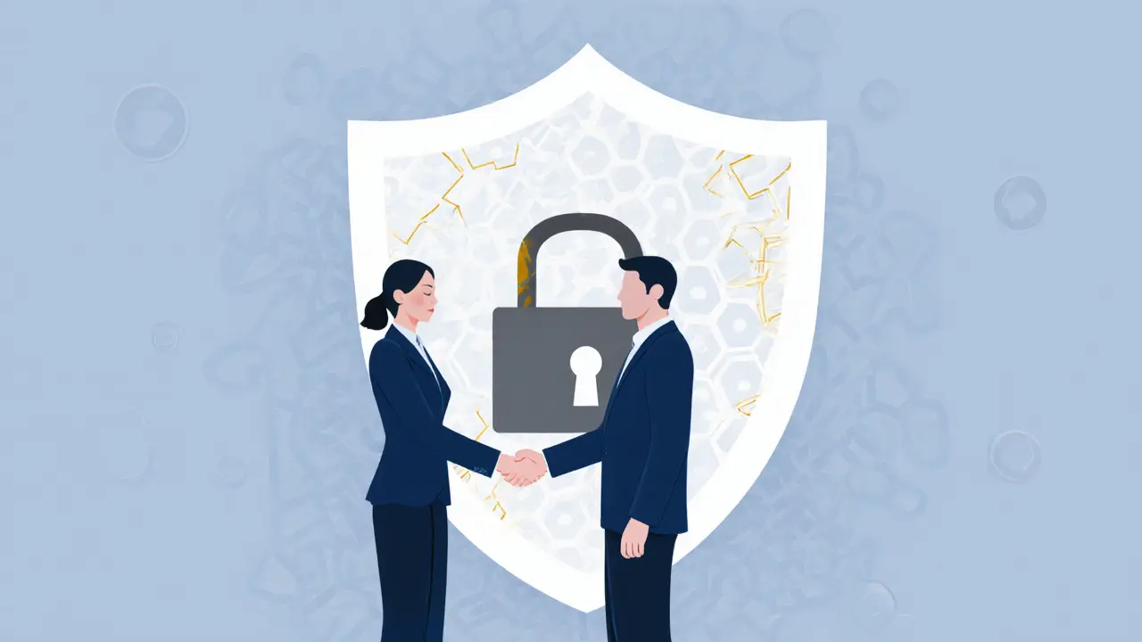 Рукопожатие возле символа замка, символизирующего безопасность и конфиденциальность.