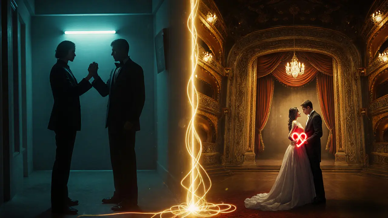 Сцена: слева обычный эскорт в неярком свету, справа ролевая игра в театре с золотой нитью, символизирующей связь.