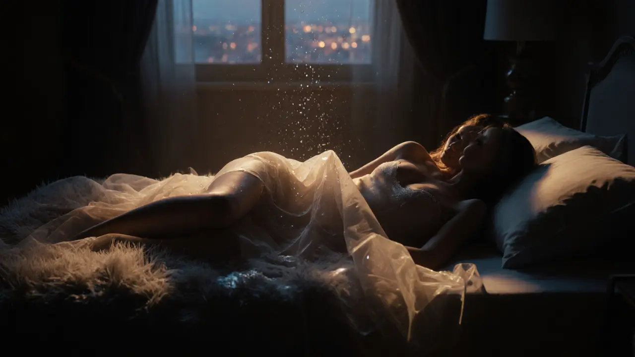 Силуэты на покрывале после встречи, капли воды бликуют в мягком свете.