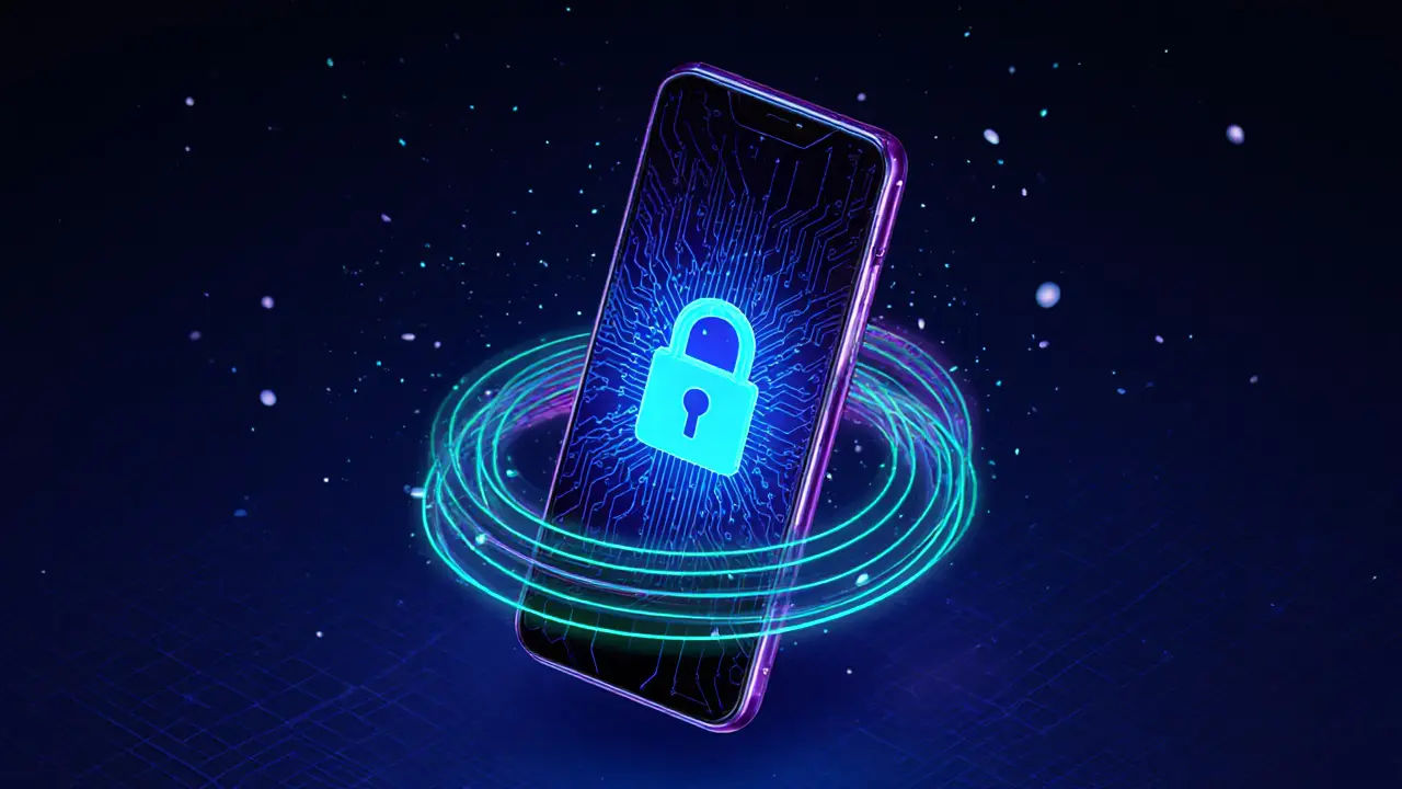 Смартфон в темном окружении, излучающий голубой замок и визуализацию VPN‑трубы.