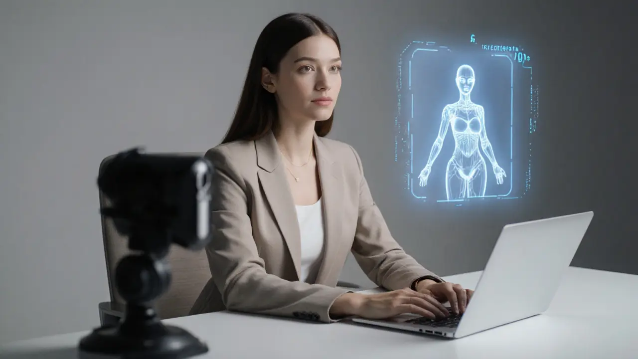 Современная инфлюенсерша в нейтральном костюме, проводит вебинар с голографическим аватаром.