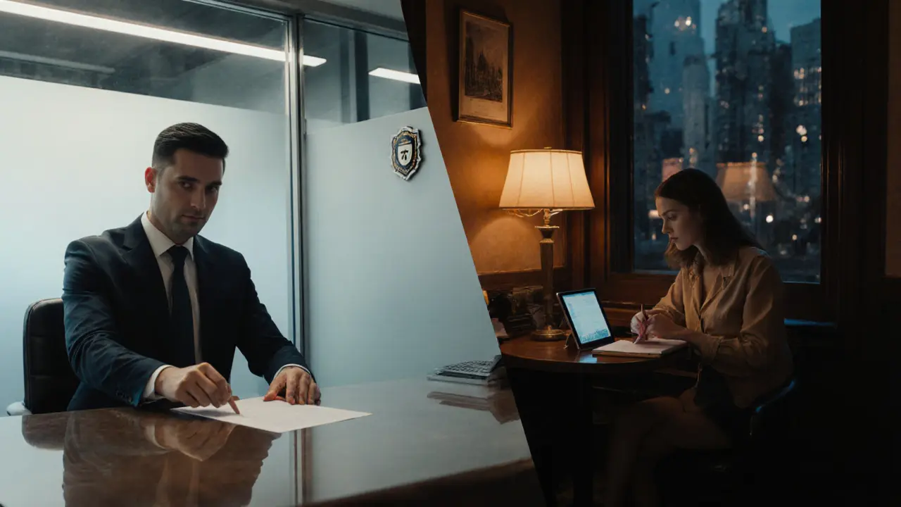 Сравнительный кадр: офис агентства слева и кафе с независимым компаньоном справа.