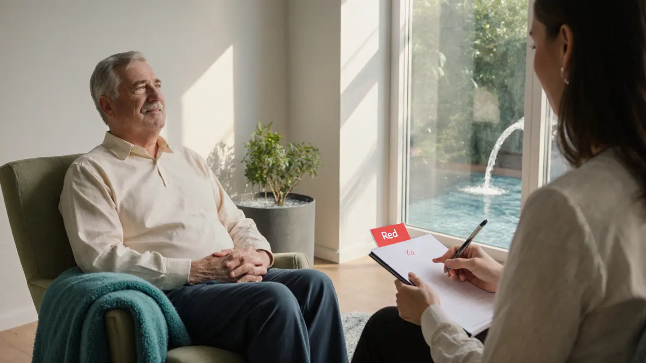 Терапевтическая сцена: мужчина в кресле, терапевт с карточкой «Red», фон с фонтаном и дневным светом.