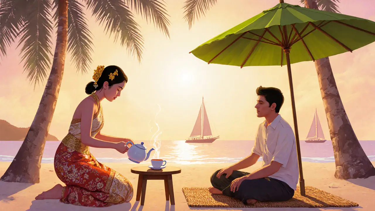 Традиционный чайный ритуал на пляже на закате, показывающий персонализированный сервис.