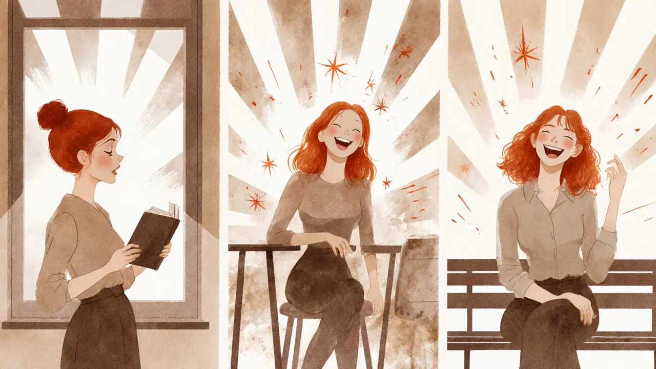 Три силуэта рыжеволосых женщин в разных ситуациях, символизирующие разнообразие и аутентичность.