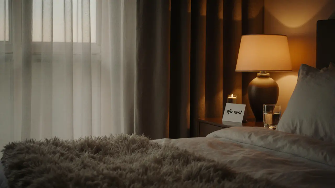 Уютная спальня с лампой, водой и картой безопасного слова, отражающая послесессионный уход.