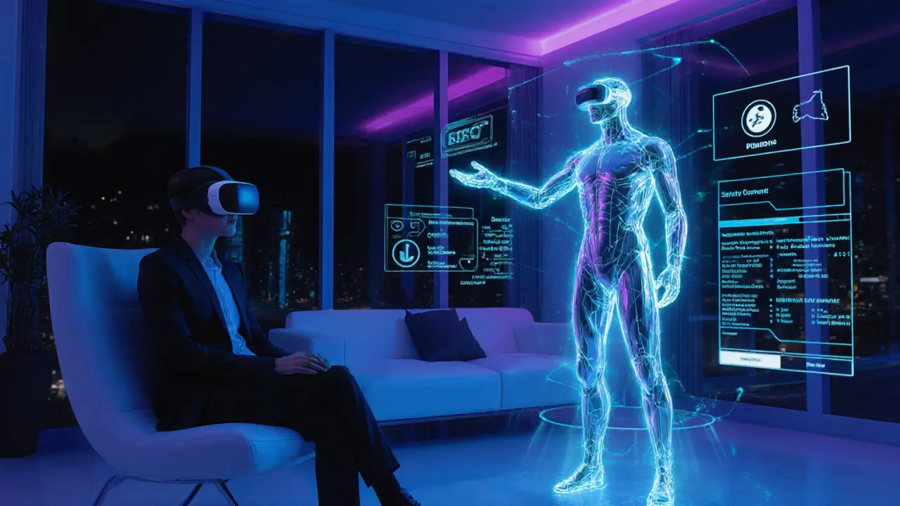 В квартире клиент в VR‑шлеме взаимодействует с голографическим доминантом в неоновом освещении.