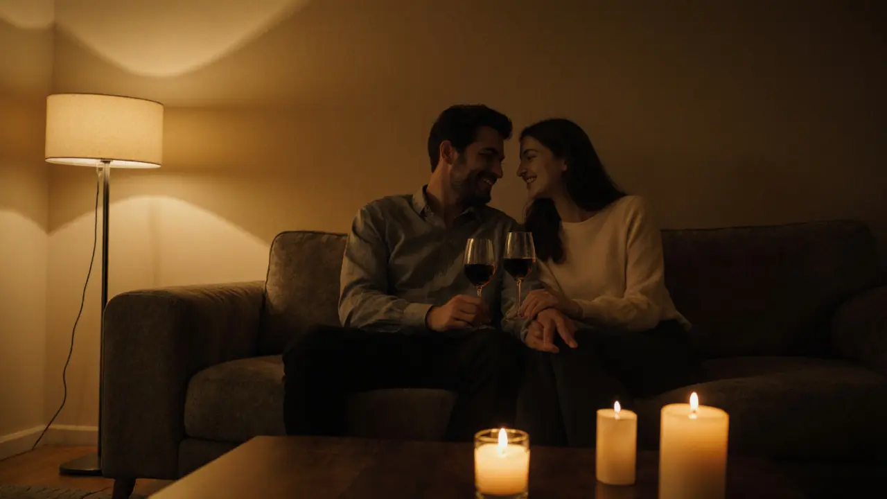 Влюблённые на диване в квартире, обмениваются улыбками, в бокалах вино, свечи.