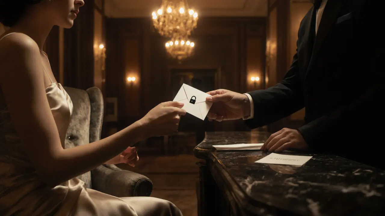 Встреча в гостиничном лобби, обмен конвертом, атмосфера конфиденциальности.
