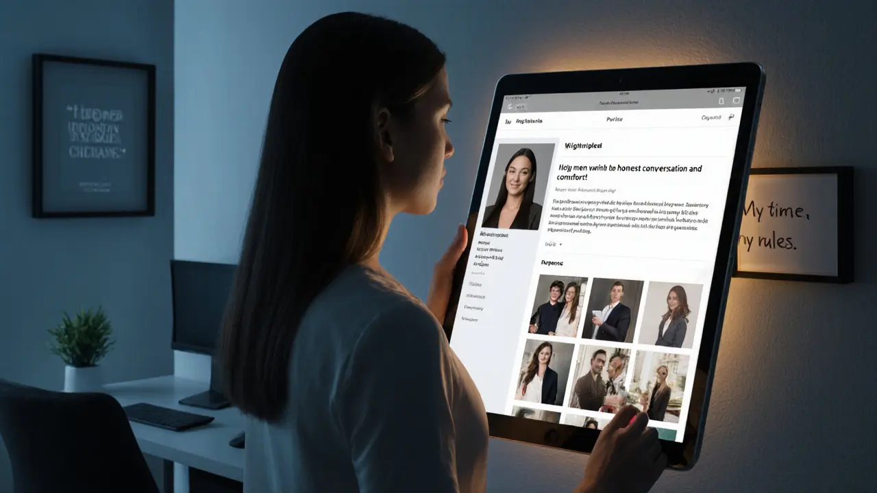 Женщина просматривает профессиональный профиль на планшете, символизируя независимость от агентств.