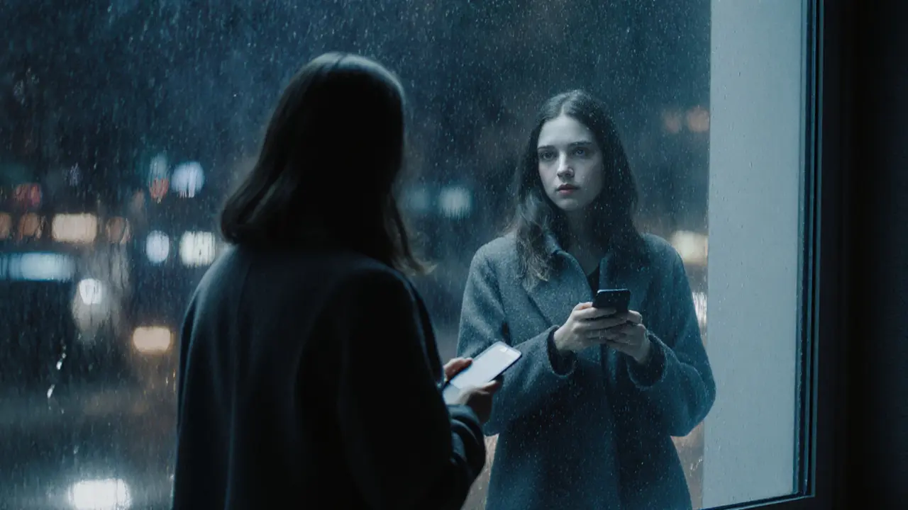 Женщина у окна ночью, смотрит в окно, телефон лежит рядом — символ сохранения личных границ.