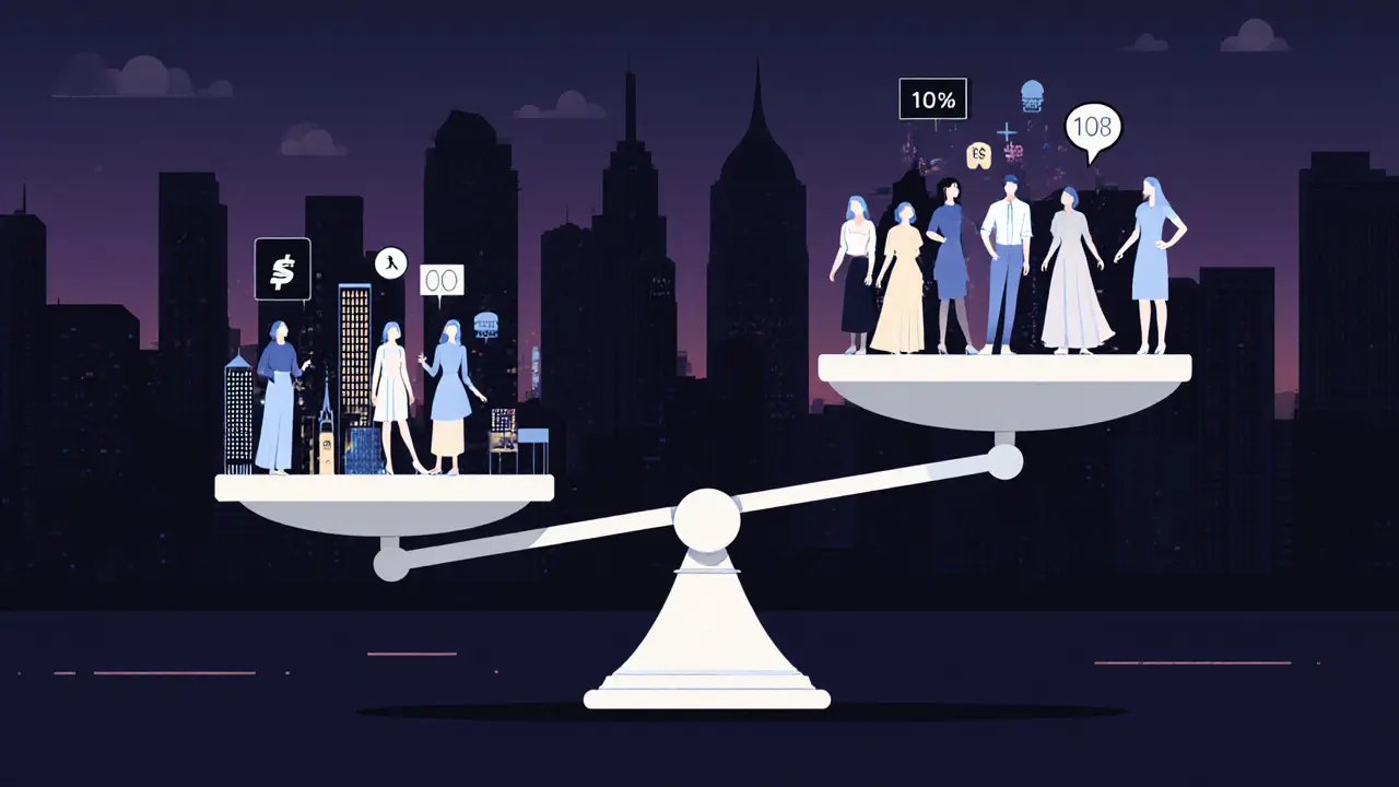 Абстрактная шкала цен на эскорт-услуги, взвешивающая разные города и времена суток в туманном городе.