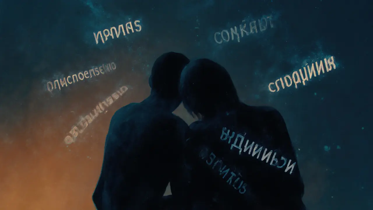 Абстрактное изображение двух фигур в тени, вокруг них — исчезающие слова о понимании и одиночестве.