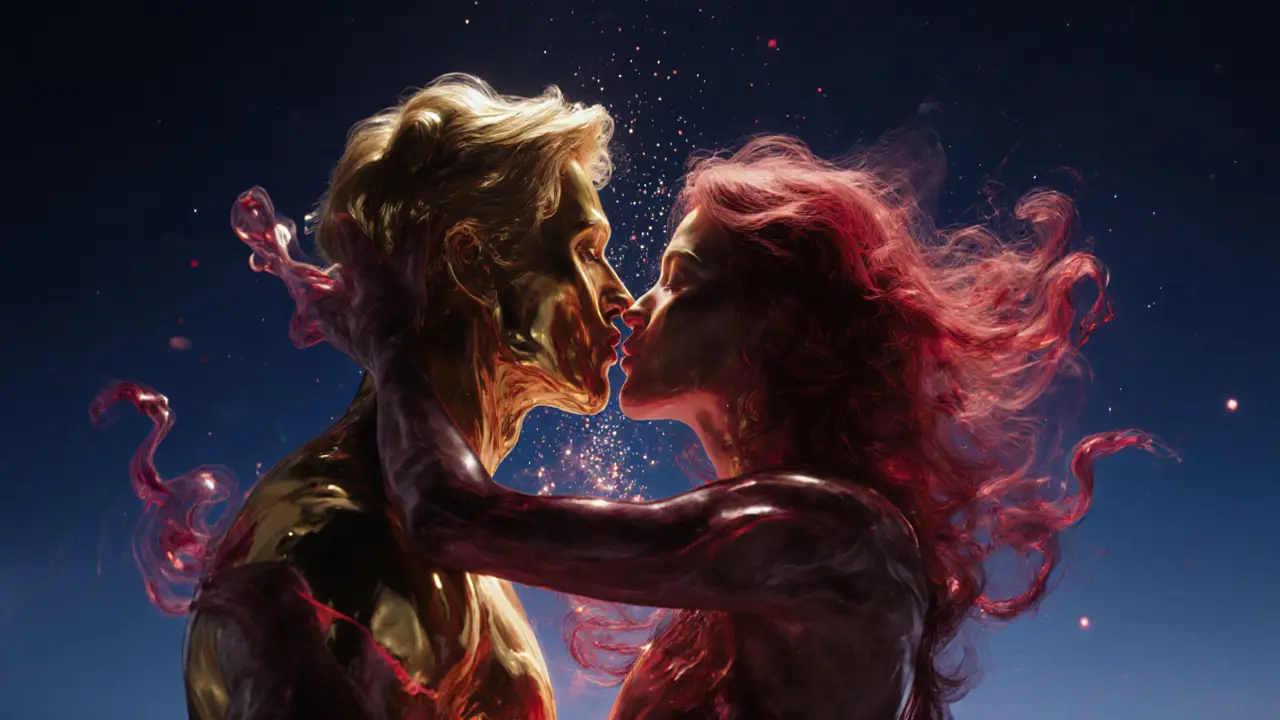 Абстрактное изображение двух силуэтов, сливающихся в золотом и багровом дыму — символ обмена энергией и дыханием.