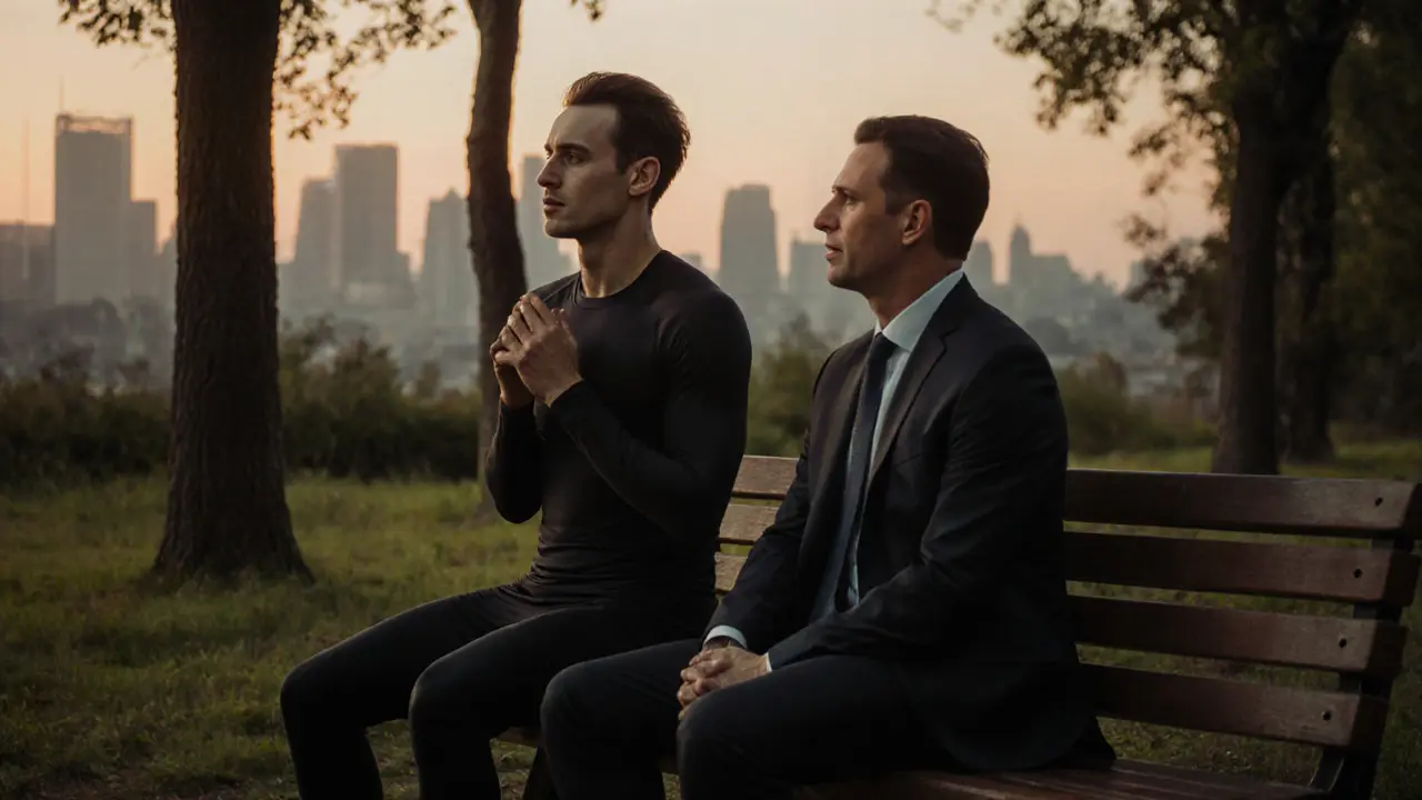 Атлет и клиент вместе бегут по утреннему лесу, дыхание в ритме, рассветный свет, ни слов, ни жестов — только присутствие.