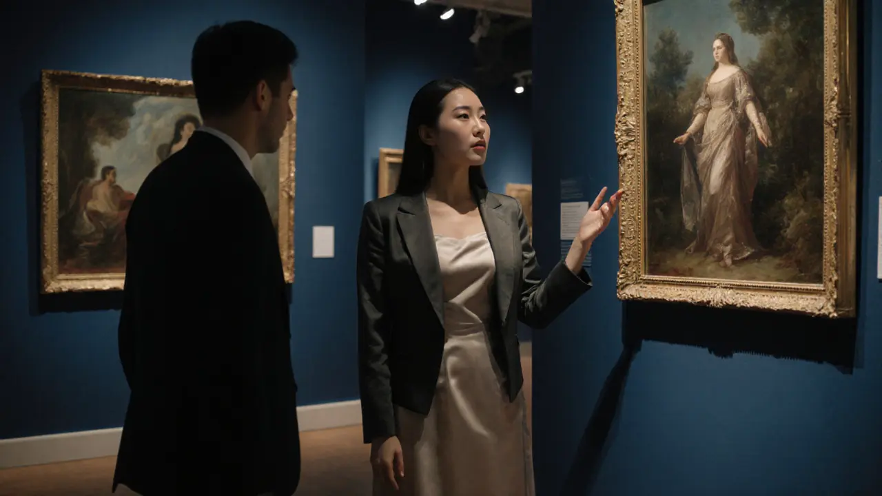 Азиатская женщина с вниманием объясняет картину в тихой художественной галерее.
