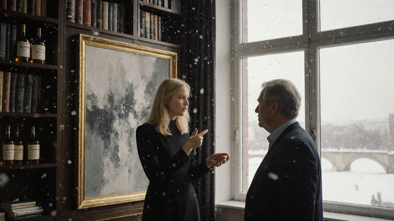 Блондинка и мужчина у современной картины в галерее, снег за окном, атмосфера спокойствия и уважения.